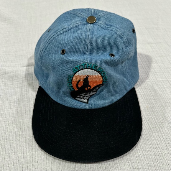“Howl at the Moon” Orlando Blue & Black Denim Cap w/ Wolf & Piano Design - Picture 1 of 4